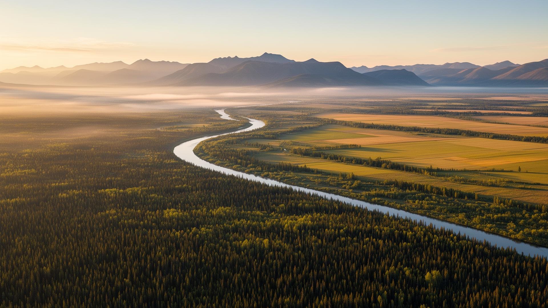 Aerial view of the Yellowhead East region, boreal forest, winding river and farmland at golden hour